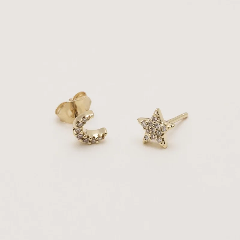 Moon and Star Petite Diamond Stud Earrings in 10kt Yellow Gold (1/10ct tw)