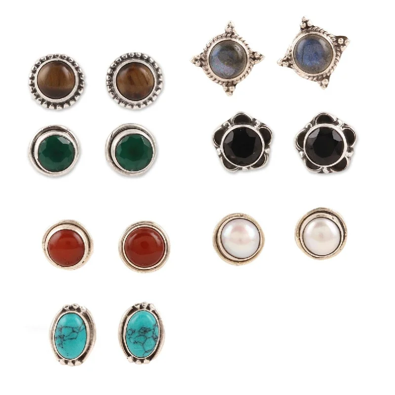 NOVICA Elegant Pairs, Multi-gemstone stud earrings (set of 7) - 0.4*0.3