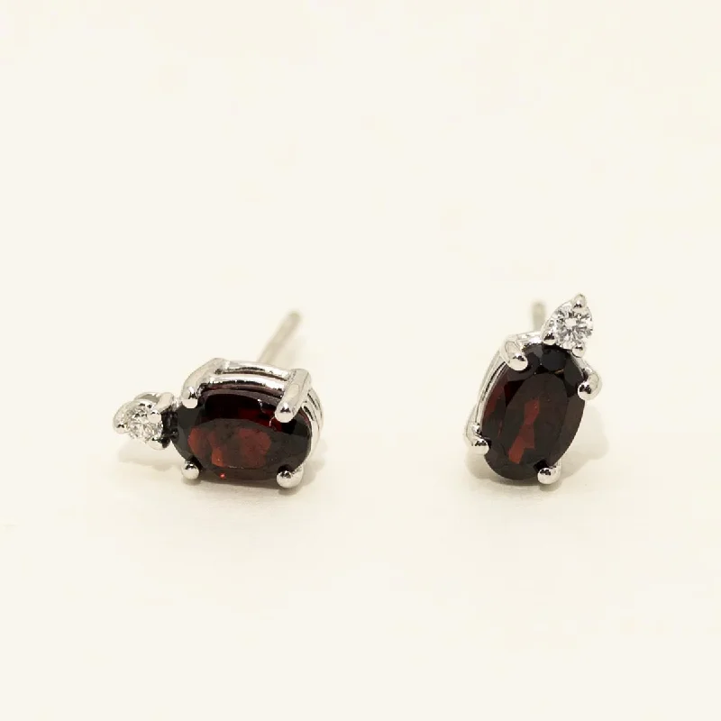 Oval Garnet Stud Earrings in 14kt White Gold with Diamonds (.04ct tw)