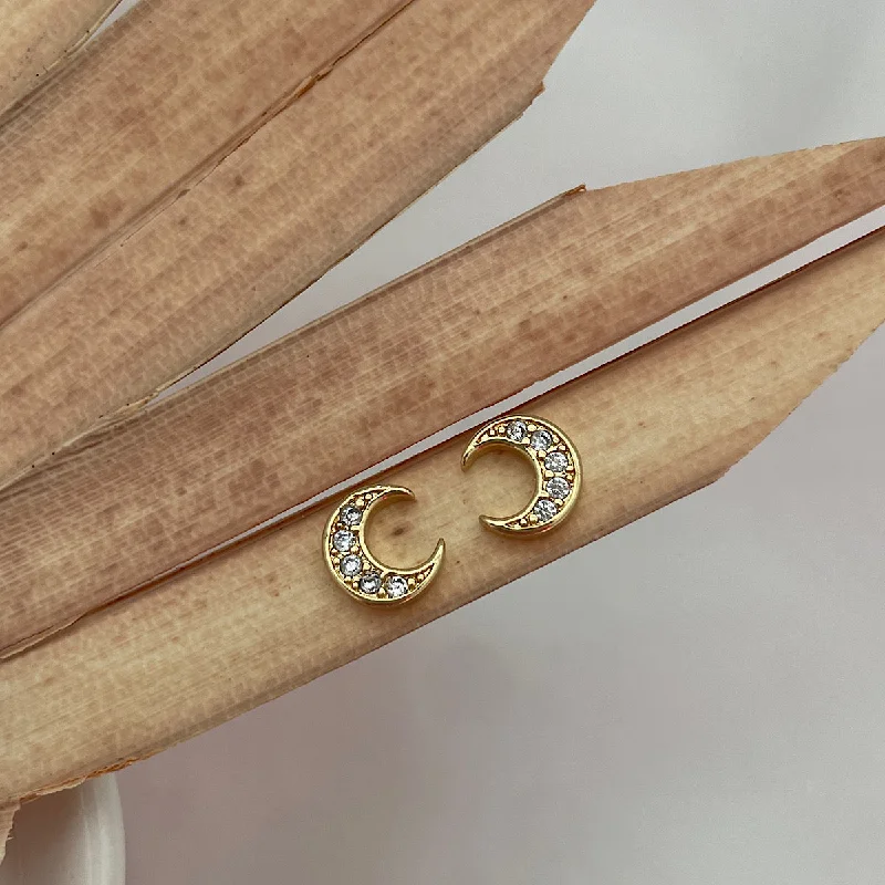 Pave Crescent Moon Stud Earrings