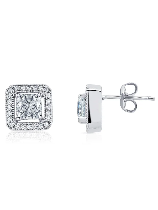 Princess Cut Halo Stud Earrings Finished in Pure Platinum Sale