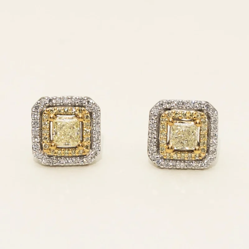 Princess Cut Yellow Diamond Double Halo Stud Earrings in Platinum (1ct tw)