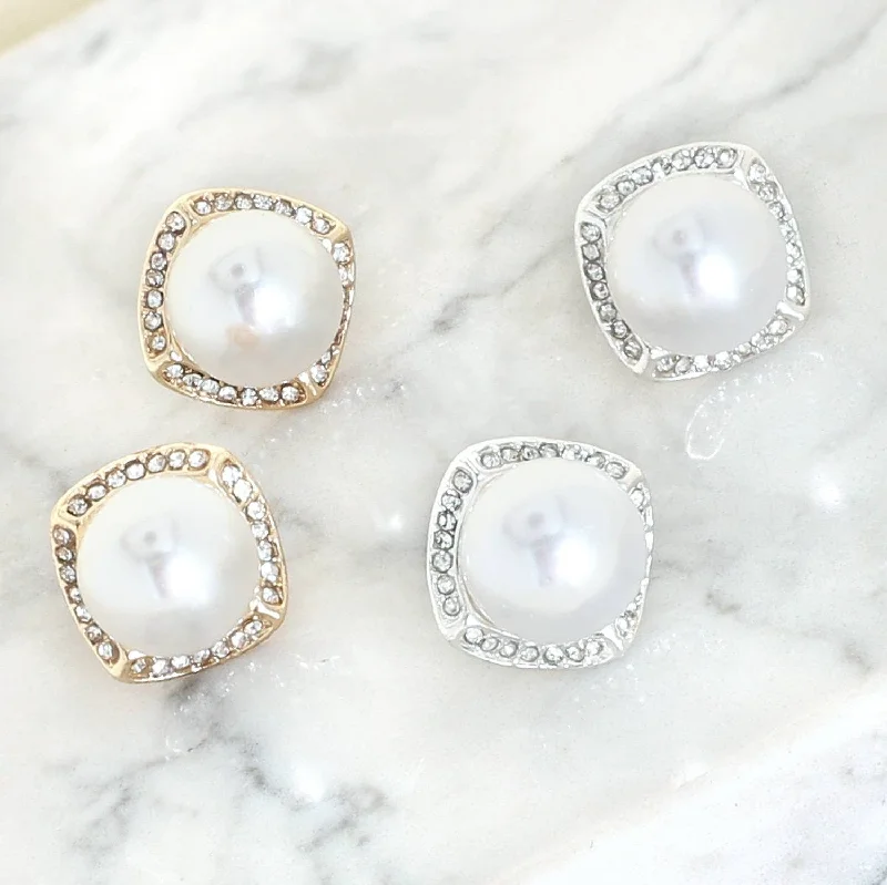 Vintage Style Pearl w/ Rhinestone Halo Gold Stud Earrings