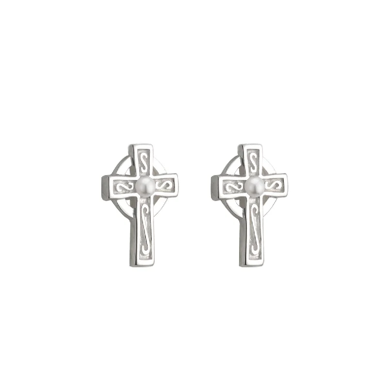 Rhodium Plated Pearl Cross Stud Earrings