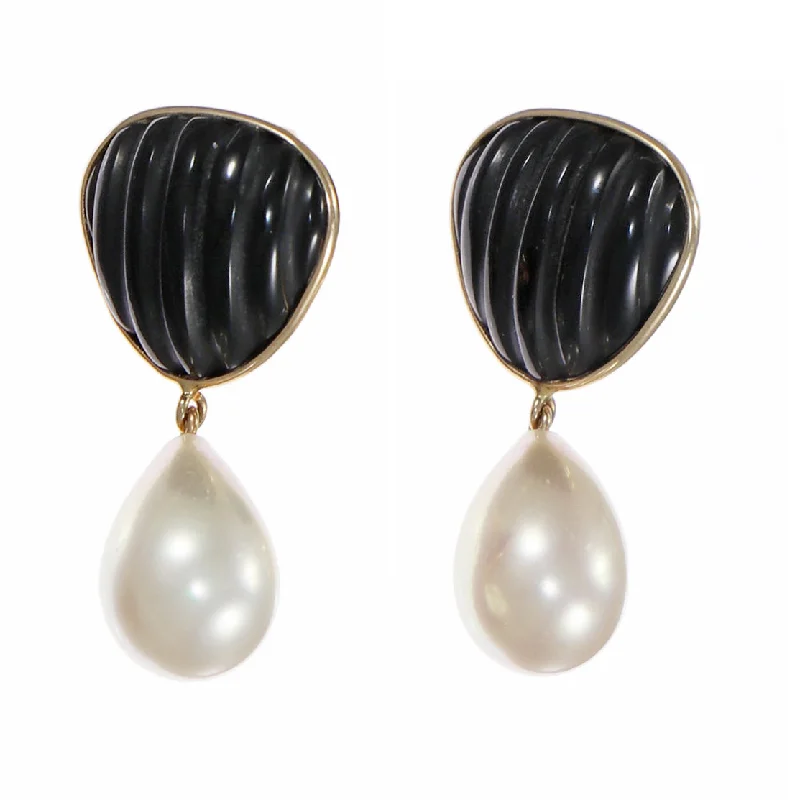 Ribbed Onyx Teardrop Dangle Pearl Stud Earrings 14k Yellow Gold 9.3g