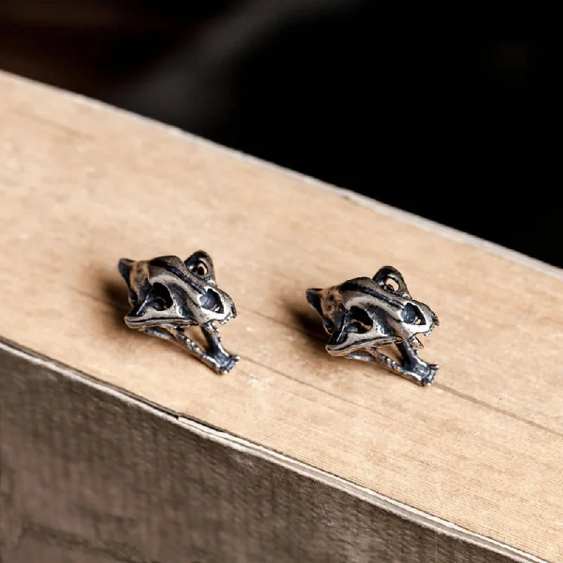 Saber Tooth Tiger Skull Head Sterling Silver Stud Earrings