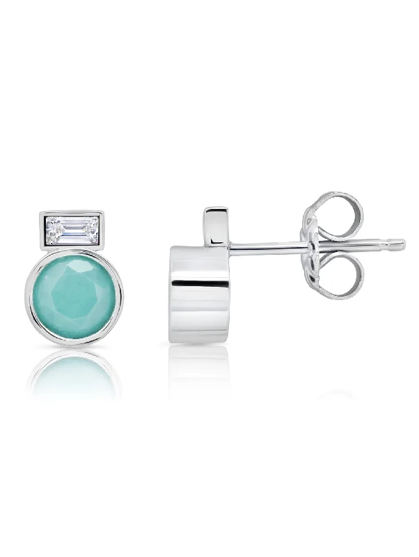 Turquoise  Stud Earrings and Baguette Stone In Pure Platinum Sale