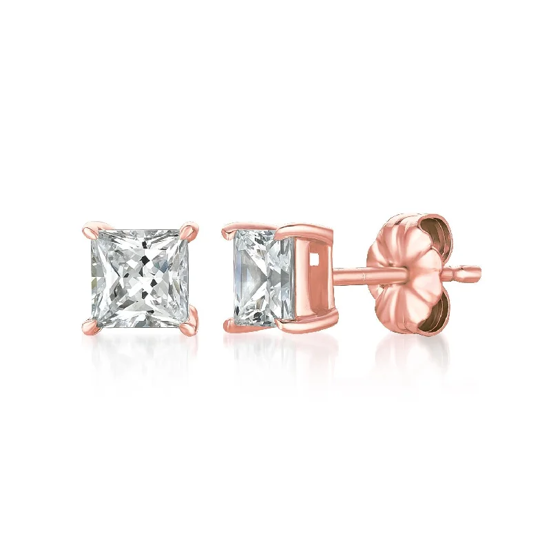 Solitaire Princess Stud Earrings Finished in 18kt Rose Gold - 1.50 Cttw