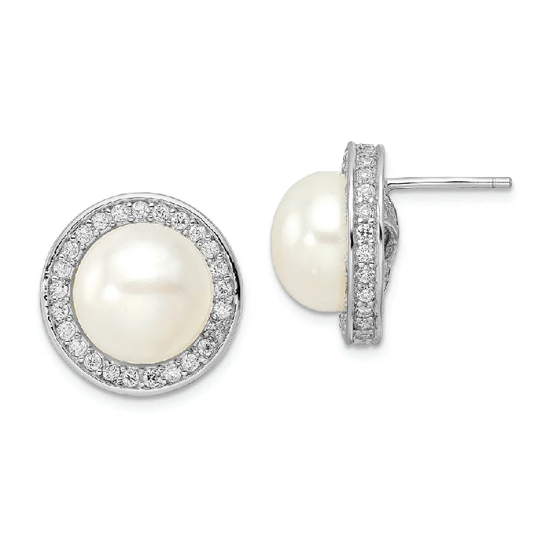 Sterling Silver Cheryl M Rh-p CZ 12mm FW Cultured Pearl Stud Earrings