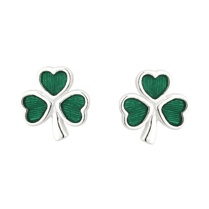 Sterling Silver Green Enamel Shamrock Stud Earrings