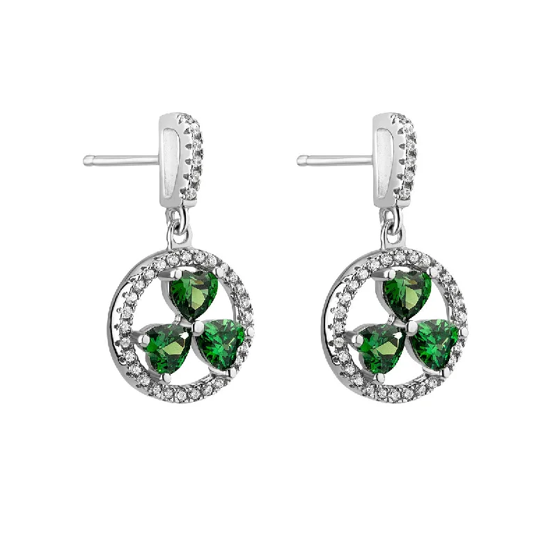 Silver Green Cubic Zirconia Shamrock Circle Stud Earrings