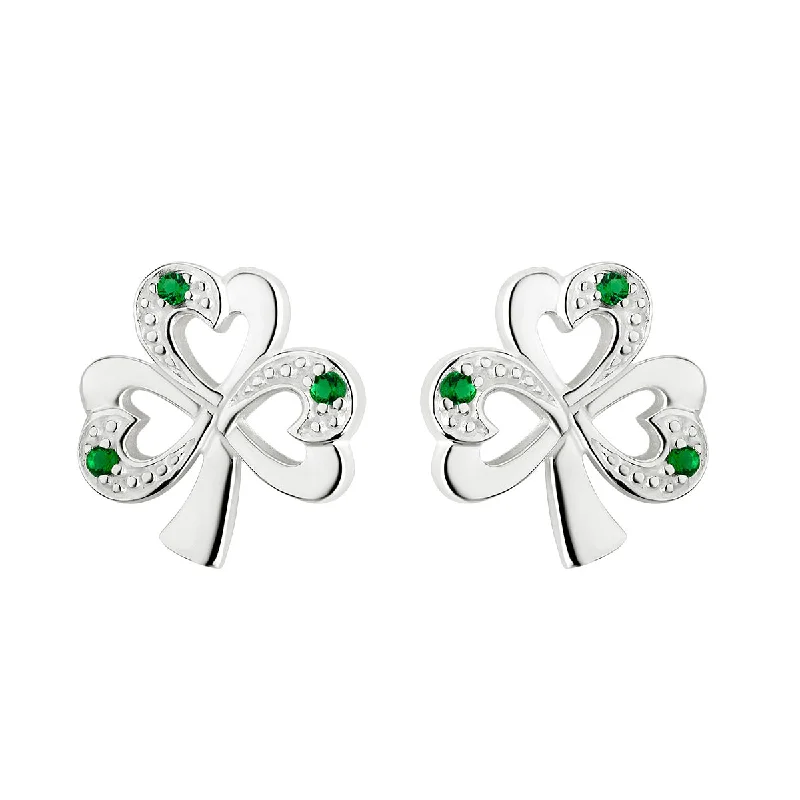 Silver Synthetic Emerald Shamrock Stud Earrings