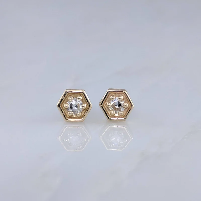 Tiny Diamond Hexagon Stud Earrings in 14K Yellow Gold