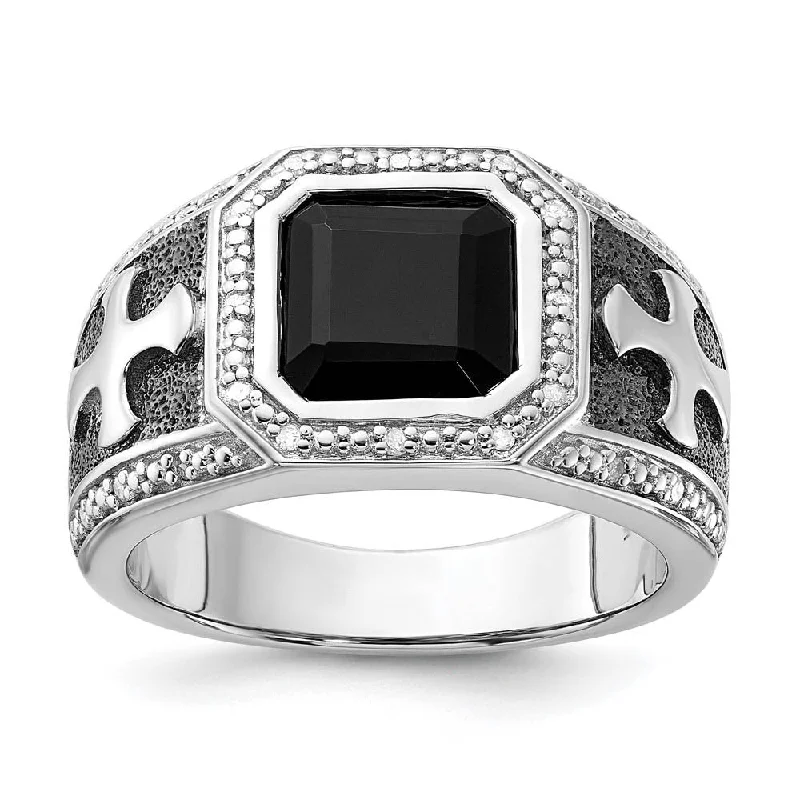 Black Onyx & Diamond Octagon & Cross Tapered Ring in Sterling Silver