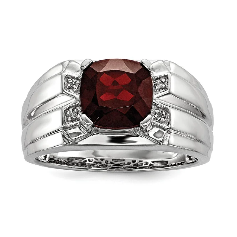 Cushion Cut Garnet & Diamond Tapered Ring in Sterling Silver