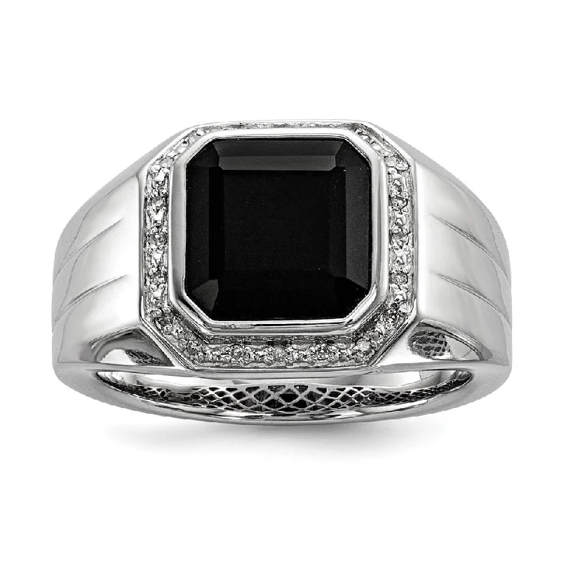 Diamond & Black Onyx Octagon 16mm Tapered Ring in Sterling Silver