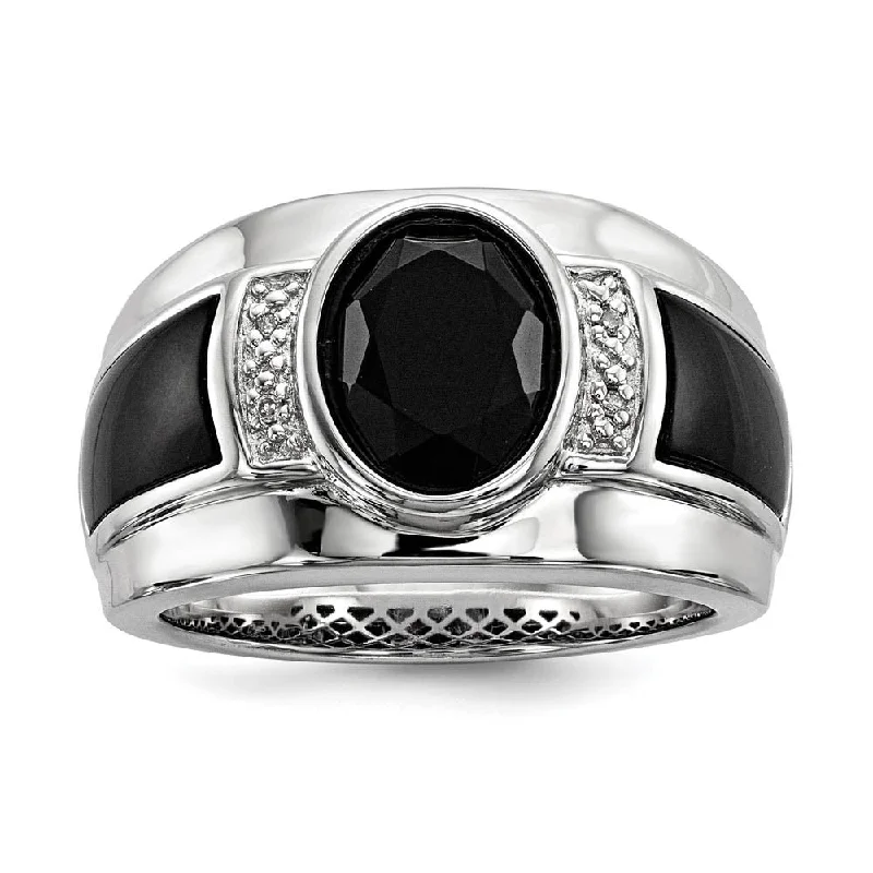 Diamond & Oval Black Onyx 13mm Tapered Ring in Sterling Silver