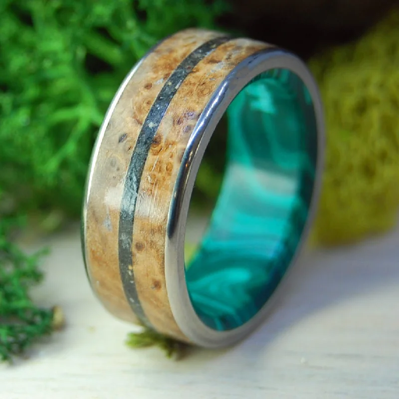 Golden Iceland Ii | Men's Lava, Malachite Stone, Golden Box Elder & Titanium Wedding Ring