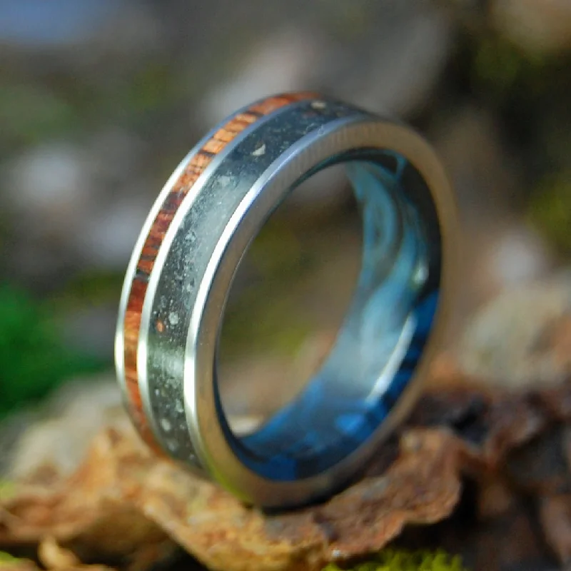 Wise Man Blue | Vik Beach Sand & Koa Wood, Blue Black Mokume Gane Titanium Wedding Ring