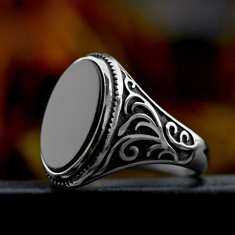 Men's Punk Carved Black Agate Ring