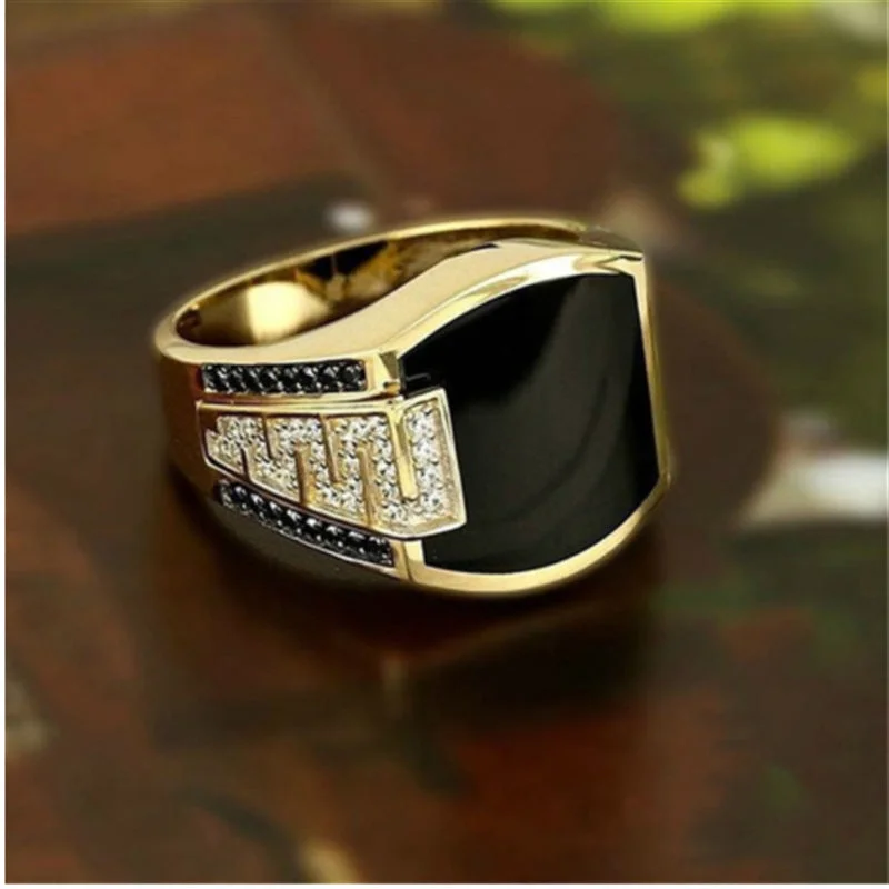 Wholesale Gold Wide Faced Black Diamond Metal Men's Rings