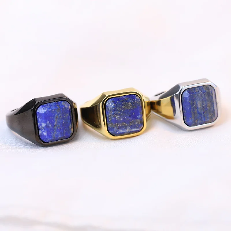 Wholesale Retro Geometric Square Inlaid Lapis Lazuli Titanium Steel Men's Rings