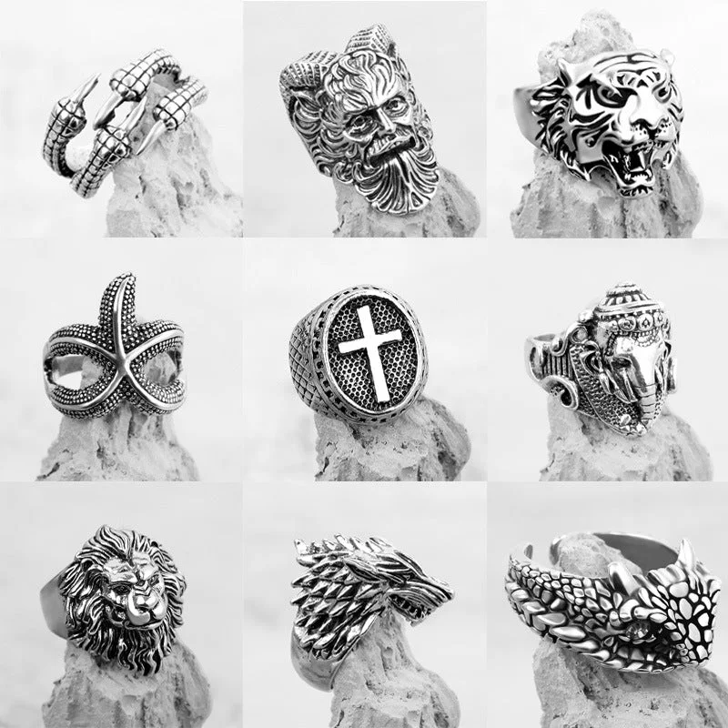 Wholesale Retro Punk Wolf Head Men's Ring Set