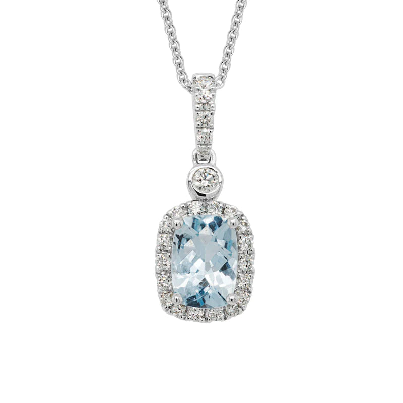 White Gold Aquamarine Cushion Cut Pendant With Diamond Halo