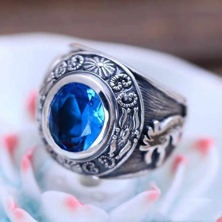 925 Silver Domineering Personalized Totem Synthesis Blue Crystal Men's Rings