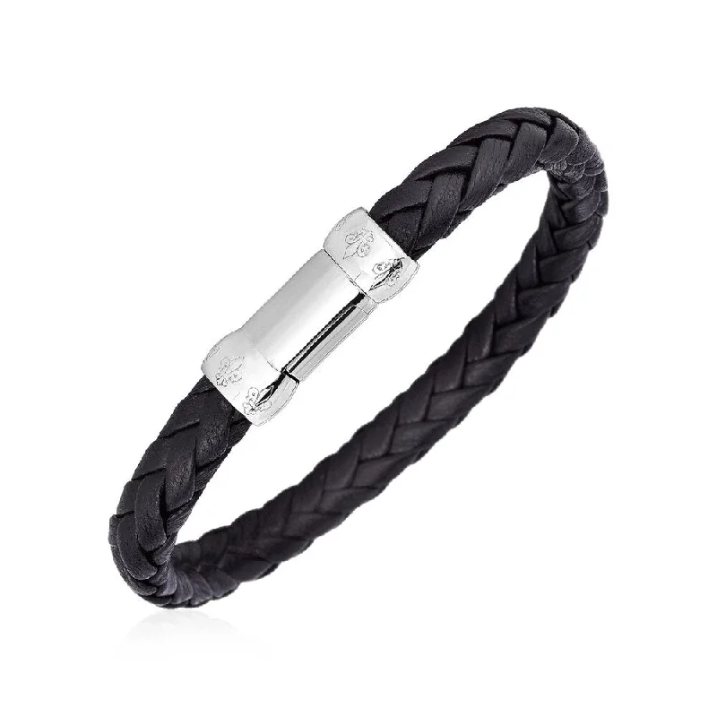 Braided Black Leather Bracelet with Sterling Silver Clasp