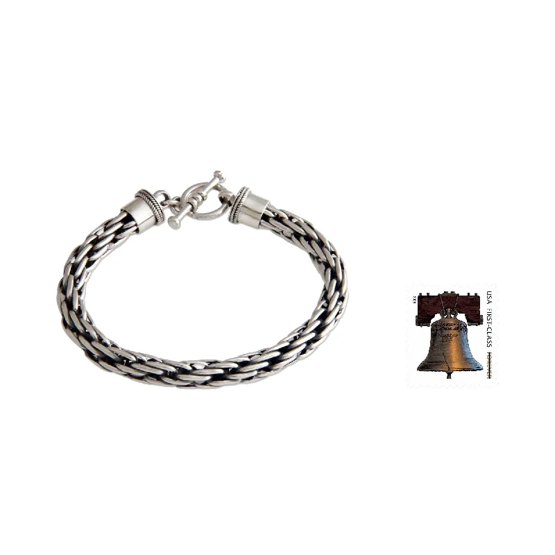 Courage Unique Handmade Toggle Clasp Open Link Woven Oxidized and Polished 925 Sterling Silver Mens Bracelet (Indonesia)