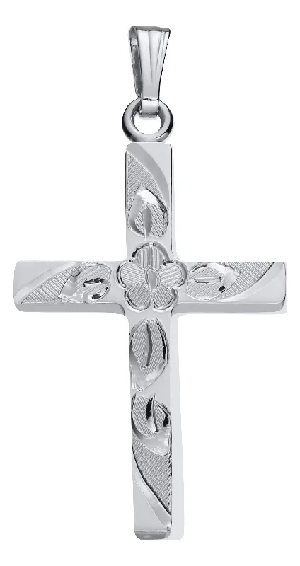 Sterling Silver Hand Engraved Cross with Flower