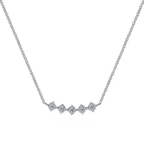 14K White Gold Square Station Diamond Pave Curved Bar Necklace