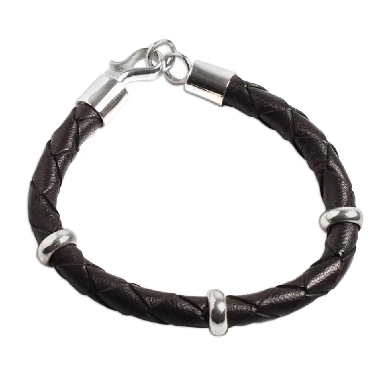 Handmade Bold Black Leather Sterling Silver Bracelet (Peru)