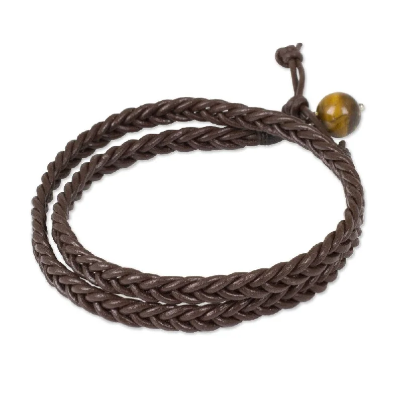 Handmade Brown Leather with Tiger's Eye Adjustable Wristband (Thailand)