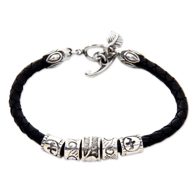 Handmade Leather Sterling Silver 'Open Tribal Scroll' Bracelet (Indonesia)