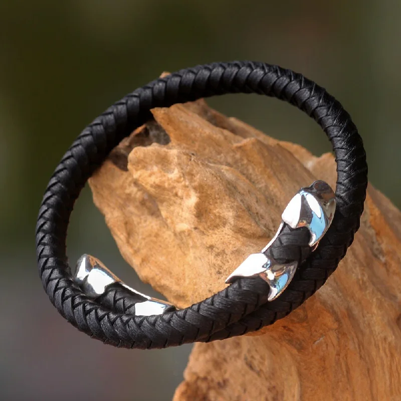 Handmade Men's Leather Sterling Silver 'Tribal Aesthetic' Bracelet (Indonesia)