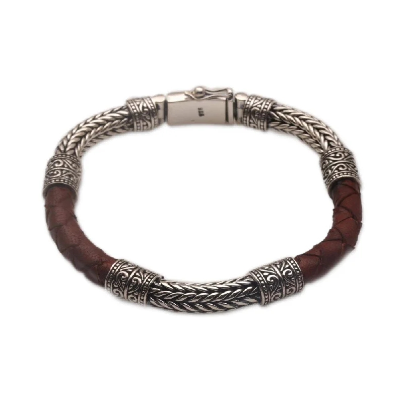 Handmade Men's Sterling Silver Leather shades of copper and black 'Royal Weave in Brown' Bracelet (Indonesia)