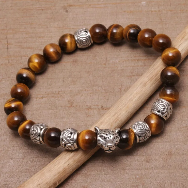 Handmade Men's Sterling Silver 'Leopard Strength' Tiger's Eye Bracelet (Indonesia)