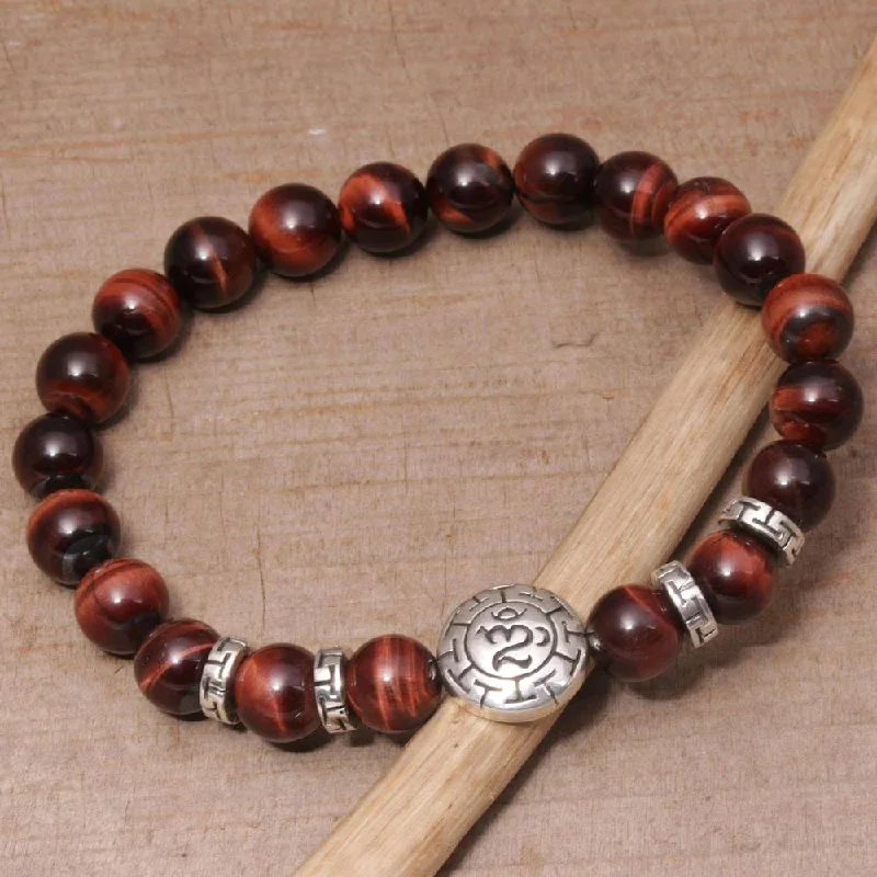 Handmade Men's Sterling Silver 'Temesir Om in Red' Tiger's Eye Bracelet (Indonesia)