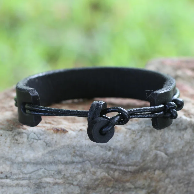 Handmade Stand Together in Black Men's Leather Bracelet (Ghana)