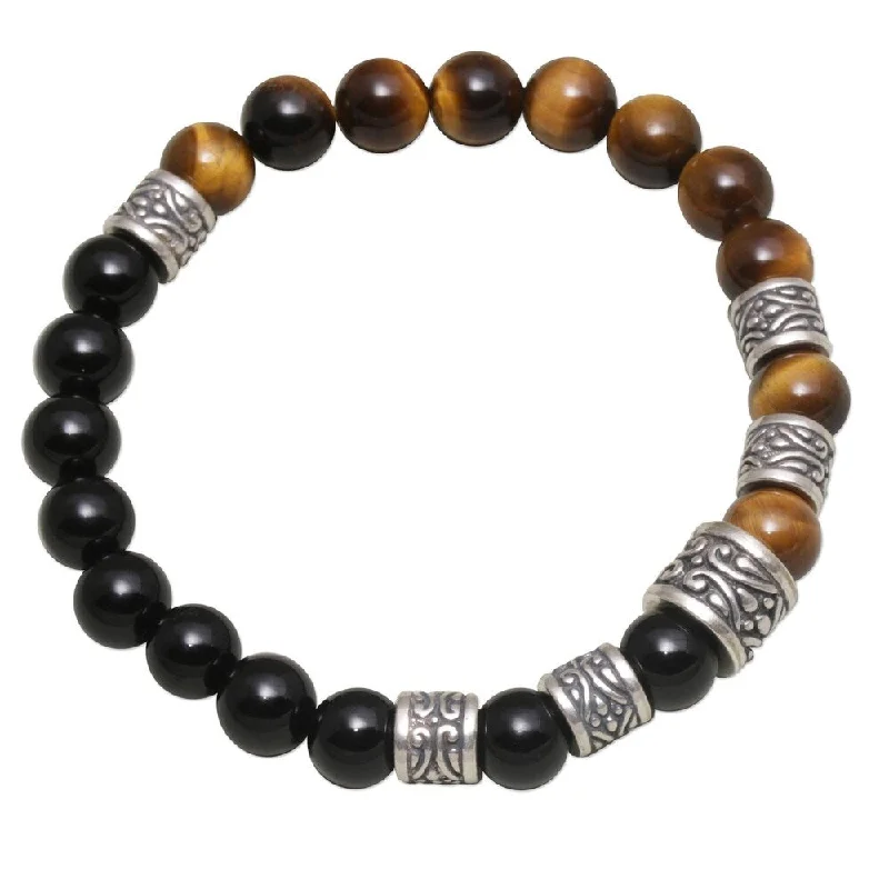 Handmade Sterling Silver Batuan Renaissance Tiger's Eye Onyx Bracelet (Indonesia)