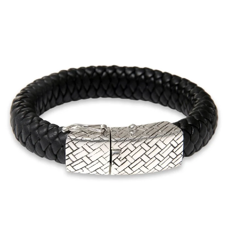 Handmade Sterling Silver Men's Emperor Leather Bracelet(Indonesia)