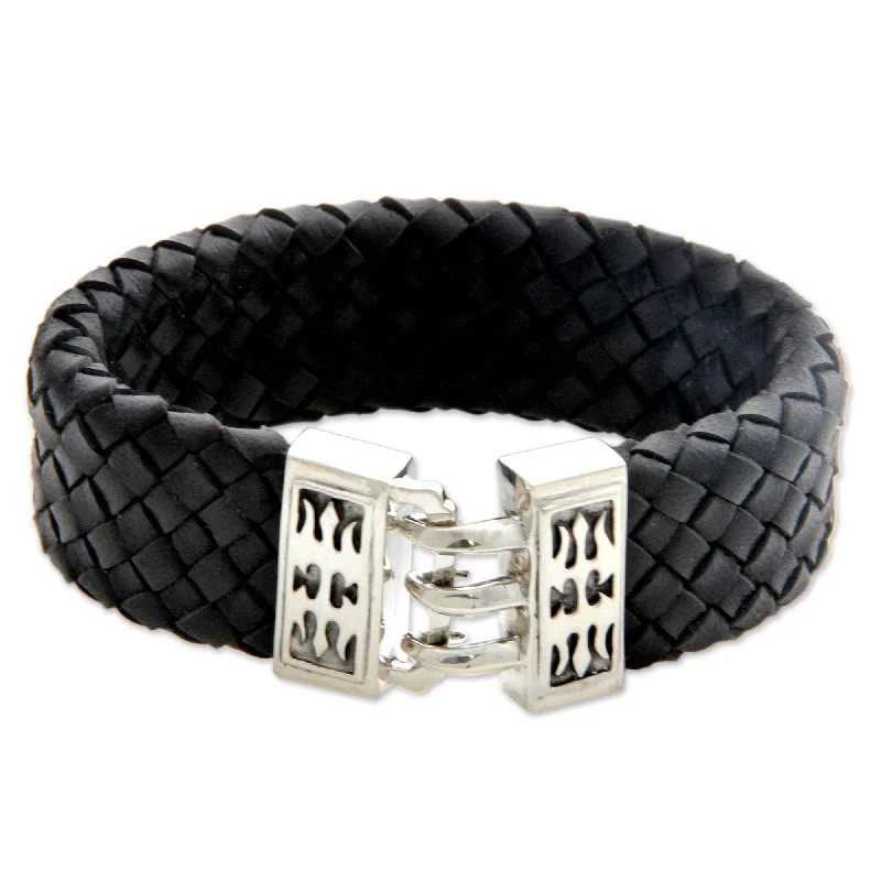 Handmade Sterling Silver Men's 'Tribal Warrior' Leather Bracelet (Indonesia)