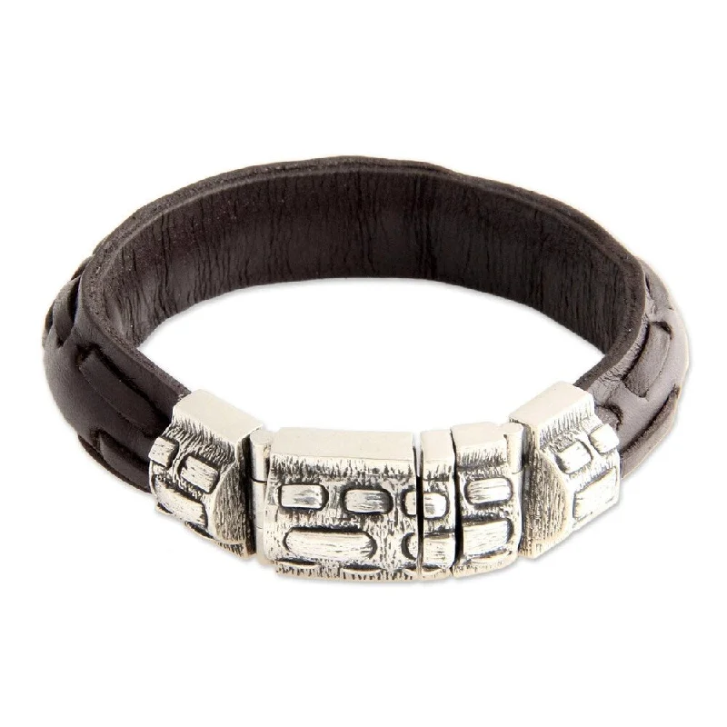 Handmade Sterling Silver Men's Woodsman Leather Bracelet (Indonesia)