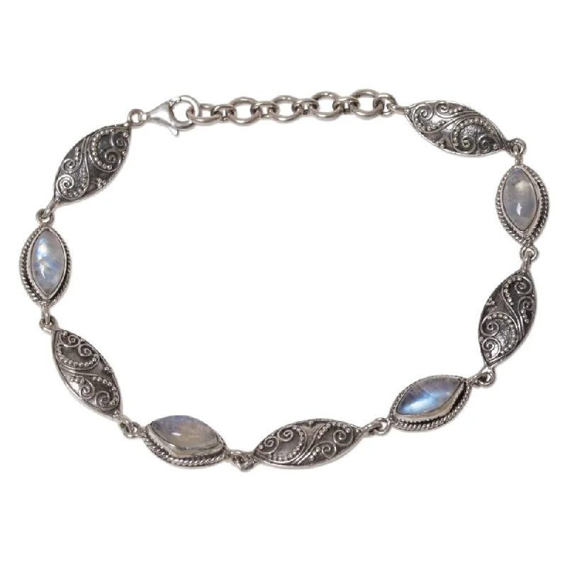 Handmade Sterling Silver Rainbow Moonstone Link Bracelet, 'Rainbow Putri Nari' (Indonesia)