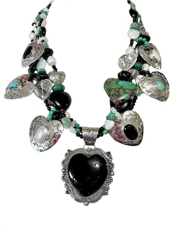 Heart Necklace, Onyx + Turquoise, by Kim Yubeta