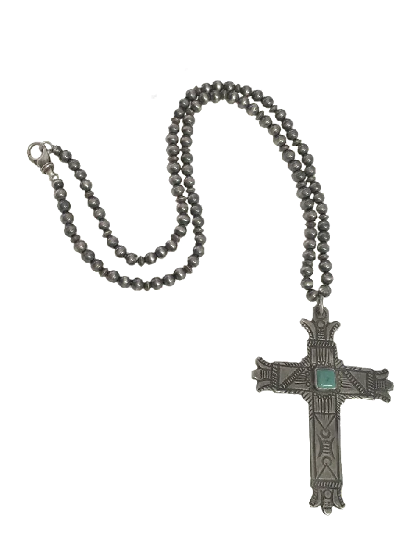 Large Cross Pendant with Turquoise, on 29" Navajo Pearls Necklace