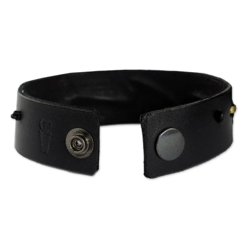 Leather Men's 'Hide and Seek in Black' Wristband Bracelet (Ghana)