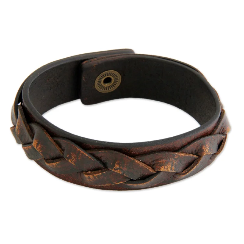 Men's Distressed Leather Bracelet, 'Sumatra Journeys' (Indonesia)